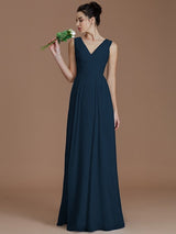 V-Neck Elegant Sleeveless Ruched Chiffon Bridesmaid Dresses-Ballbella