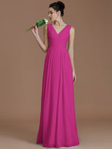 V-Neck Elegant Sleeveless Ruched Chiffon Bridesmaid Dresses-Ballbella