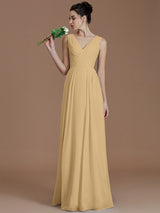 V-Neck Elegant Sleeveless Ruched Chiffon Bridesmaid Dresses-Ballbella