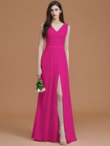 V-Neck Elegant Sleeveless Ruched Chiffon Bridesmaid Dresses-Ballbella