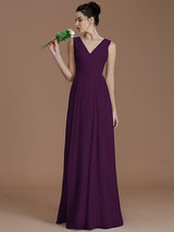 V-Neck Elegant Sleeveless Ruched Chiffon Bridesmaid Dresses-Ballbella