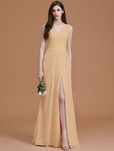 V-Neck Elegant Sleeveless Ruched Chiffon Bridesmaid Dresses-Ballbella