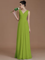 V-Neck Elegant Sleeveless Ruched Chiffon Bridesmaid Dresses-Ballbella