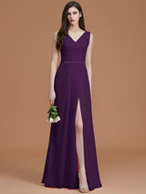 V-Neck Elegant Sleeveless Ruched Chiffon Bridesmaid Dresses-Ballbella