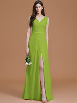 V-Neck Elegant Sleeveless Ruched Chiffon Bridesmaid Dresses-Ballbella