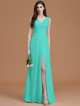 V-Neck Elegant Sleeveless Ruched Chiffon Bridesmaid Dresses-Ballbella