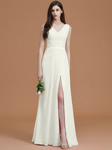 V-Neck Elegant Sleeveless Ruched Chiffon Bridesmaid Dresses-Ballbella