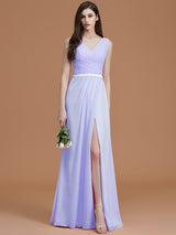 V-Neck Elegant Sleeveless Ruched Chiffon Bridesmaid Dresses-Ballbella