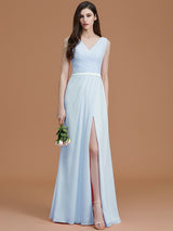 V-Neck Elegant Sleeveless Ruched Chiffon Bridesmaid Dresses-Ballbella