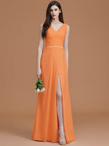 V-Neck Elegant Sleeveless Ruched Chiffon Bridesmaid Dresses-Ballbella