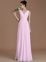 V-Neck Elegant Sleeveless Ruched Chiffon Bridesmaid Dresses-Ballbella