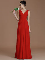 V-Neck Elegant Sleeveless Ruched Chiffon Bridesmaid Dresses-Ballbella