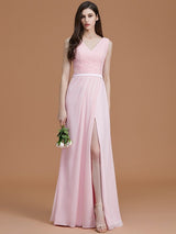 V-Neck Elegant Sleeveless Ruched Chiffon Bridesmaid Dresses-Ballbella
