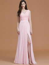 V-Neck Elegant Sleeveless Ruched Chiffon Bridesmaid Dresses-Ballbella