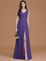 V-Neck Elegant Sleeveless Ruched Chiffon Bridesmaid Dresses-Ballbella