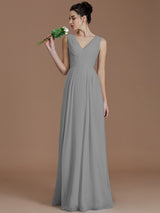 V-Neck Elegant Sleeveless Ruched Chiffon Bridesmaid Dresses-Ballbella