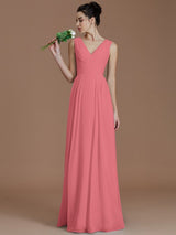 V-Neck Elegant Sleeveless Ruched Chiffon Bridesmaid Dresses-Ballbella