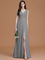 V-Neck Elegant Sleeveless Ruched Chiffon Bridesmaid Dresses-Ballbella