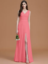 V-Neck Elegant Sleeveless Ruched Chiffon Bridesmaid Dresses-Ballbella