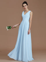 V-Neck Elegant Sleeveless Ruched Chiffon Bridesmaid Dresses-Ballbella