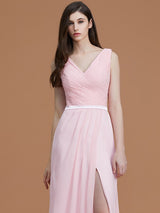 V-Neck Elegant Sleeveless Ruched Chiffon Bridesmaid Dresses-Ballbella