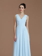 V-Neck Elegant Sleeveless Ruched Chiffon Bridesmaid Dresses-Ballbella