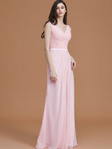 V-Neck Elegant Sleeveless Ruched Chiffon Bridesmaid Dresses-Ballbella
