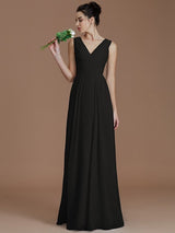 V-Neck Elegant Sleeveless Ruched Chiffon Bridesmaid Dresses-Ballbella