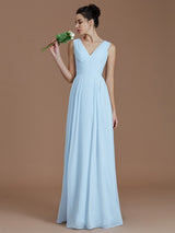 V-Neck Elegant Sleeveless Ruched Chiffon Bridesmaid Dresses-Ballbella