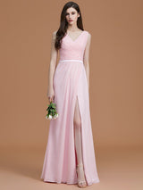 V-Neck Elegant Sleeveless Ruched Chiffon Bridesmaid Dresses-Ballbella