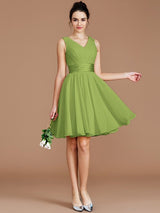 V-Neck Elegant Sleeveless Sash/Ribbon/Belt Short/Mini Chiffon Bridesmaid Dresses-Ballbella