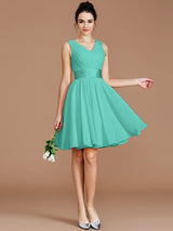 V-Neck Elegant Sleeveless Sash/Ribbon/Belt Short/Mini Chiffon Bridesmaid Dresses-Ballbella