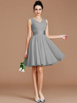V-Neck Elegant Sleeveless Sash/Ribbon/Belt Short/Mini Chiffon Bridesmaid Dresses-Ballbella