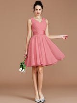 V-Neck Elegant Sleeveless Sash/Ribbon/Belt Short/Mini Chiffon Bridesmaid Dresses-Ballbella