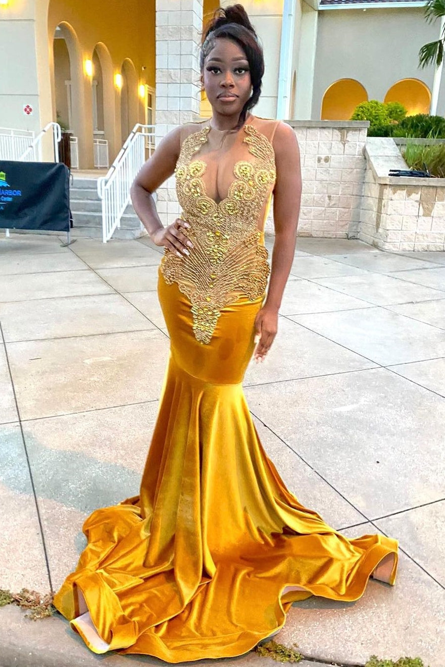 V-Neck Gold Velvet Sleeveless Mermaid Long Court Train Prom Dresses V-Neck Gold Velvet Sleeveless Mermaid Long Court Train Prom Dresses
