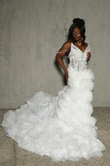 V-neck Ivory Flower Ruffles High Split Court Train Mermaid Prom Dresses-Ballbella