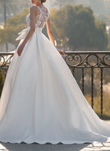 V-Neck Lace Satin Ball-Gown Wedding Dresses-Ballbella