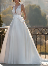 V-Neck Lace Satin Ball-Gown Wedding Dresses-Ballbella