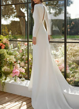 V-Neck Long Sleeves Court Train Elastic Satin Wedding Dresses Split Front-Ballbella