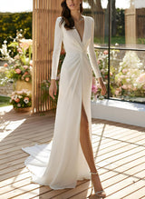 V-Neck Long Sleeves Court Train Elastic Satin Wedding Dresses Split Front-Ballbella