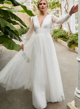 V-Neck Long Sleeves Tulle Chic A-line Wedding Dresses-Ballbella