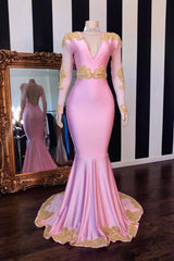 V-neck Long Sleevess Open Back Pink Mermaid Appliques Prom Gowns-Ballbella