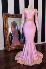 V-neck Long Sleevess Open Back Pink Mermaid Appliques Prom Gowns-Ballbella