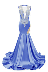 V-Neck Mermaid Brush Train Hollow Sleeveless Beading Evening Dress-Ballbella