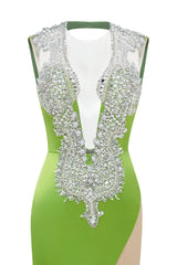 V-Neck Mermaid Brush Train Hollow Sleeveless Beading Evening Dress-Ballbella