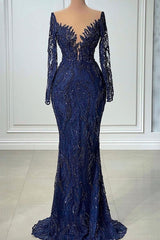 V-neck Mermaid Lace Floor-length Long Sleeve Sequined Prom Dress-Ballbella