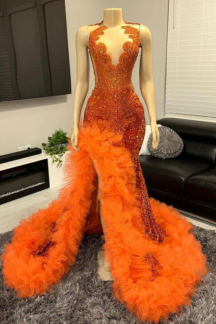 V-neck Orange Beaded Tulle Ruffles Sequin Prom Dresses Ballbella V-neck Orange Beaded Tulle Ruffles Sequin Prom Dresses Ballbella