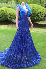 V-neck Royal Blue Feathers Sparkle Sequin Sleeveless Prom Dresses-Ballbella
