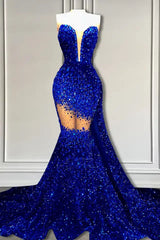 V-Neck Sequins Prom Dress Mermaid Sleeveless Crystal.-Ballbella