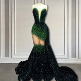 V-Neck Sequins Prom Dress Mermaid Sleeveless Crystal.-Ballbella